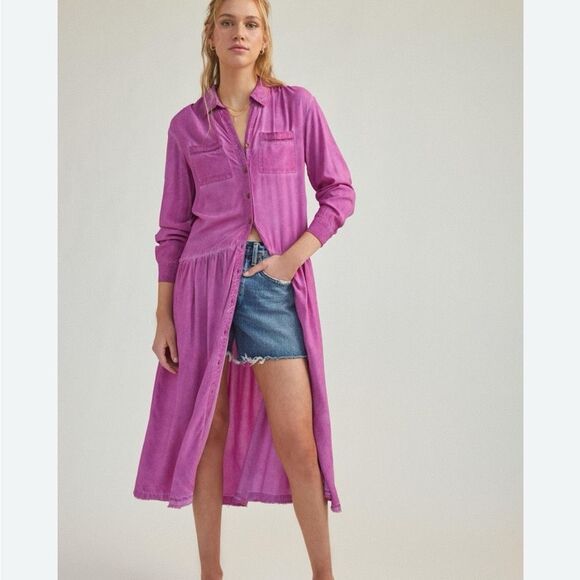 PILCRO Anthropologie Kimberley Maxi Dress Pink Purple Button Down XS - Picture 1 of 8
